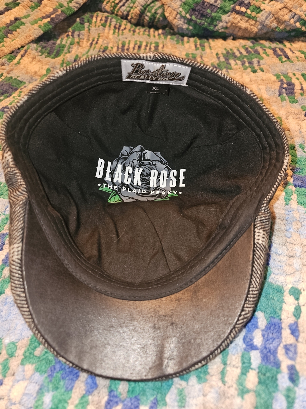 Black Rose Plaid Peaky Cap - Black with Black Brim